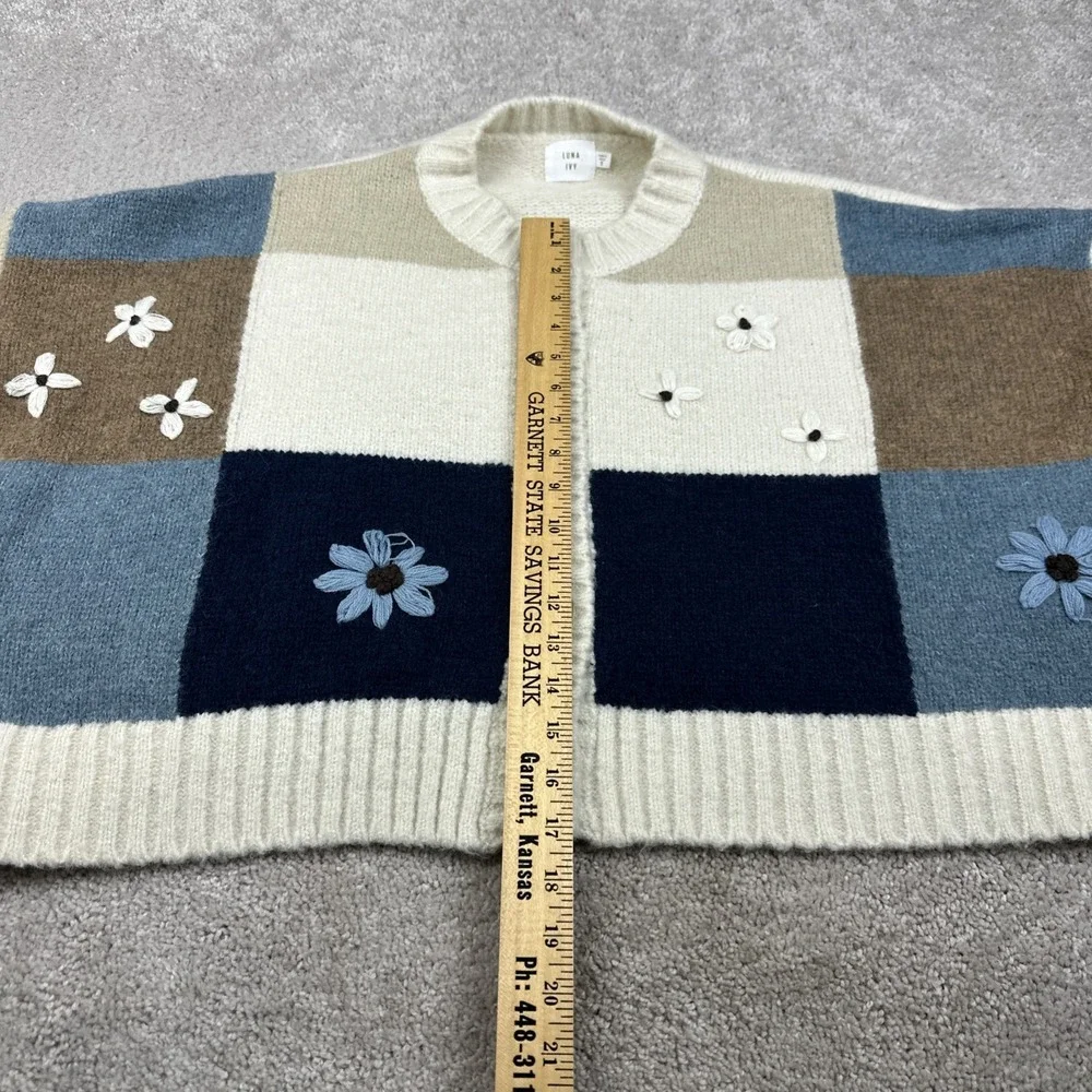 Luna Ivy 3D Crochet Oversized Patchwork Women's Floral Blue Tan Cardigan Sweater